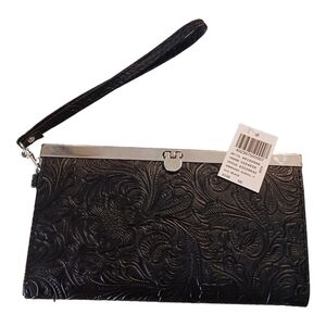 Womens Vegan Leather Wallet Embossed NWT Floral Black Wristlet Clutch Western